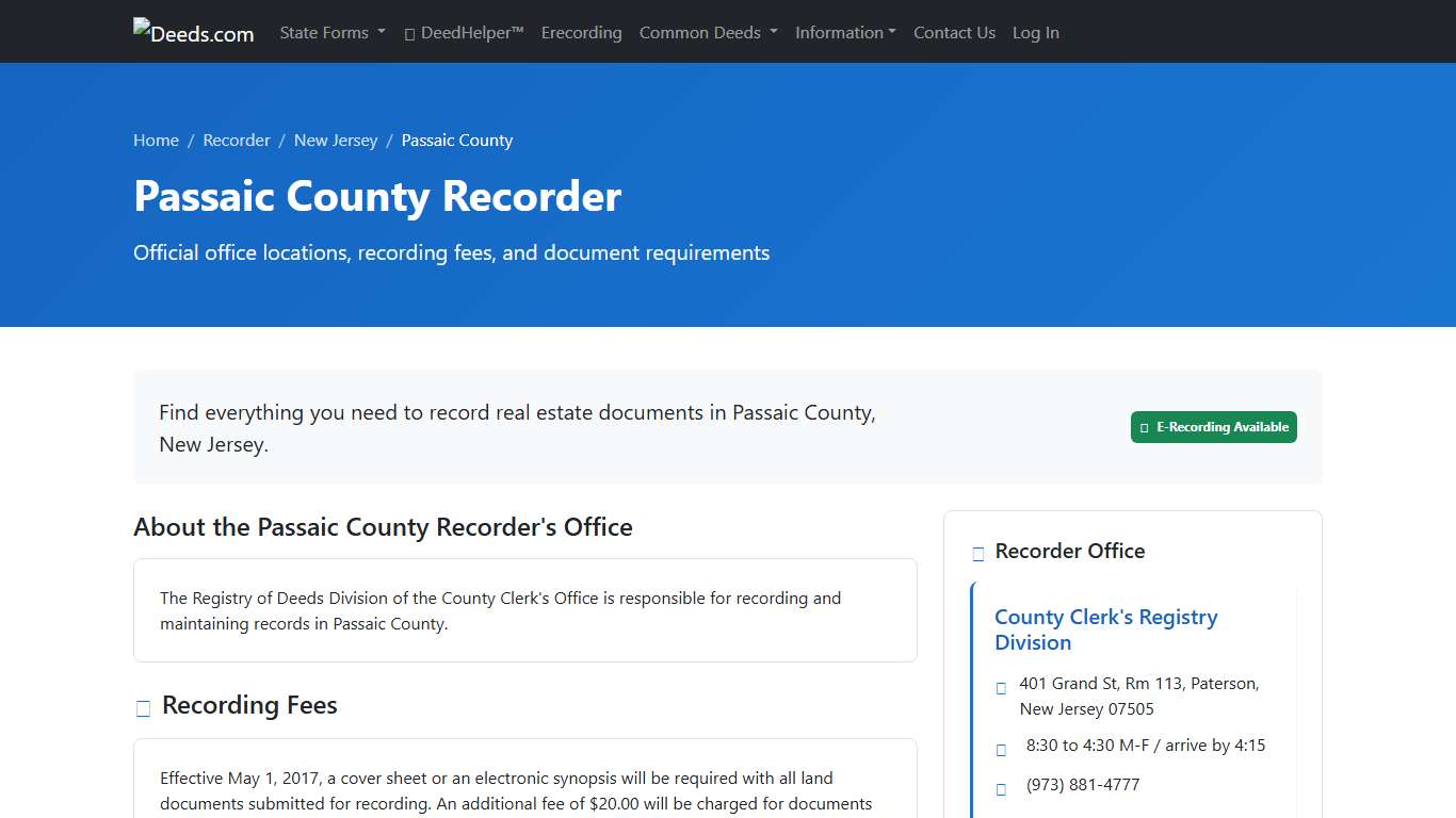 Passaic County Recorder Information, New Jersey - Deeds.com